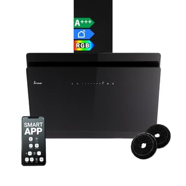 KKT KOLBE A+++ Hotte aspirante 80 cm 782 cbm/h, recirculation, sans tête, hotte murale | verre noir | automatique | application WiFi intelligente | SensorTouch | éclairage LED RGBW |