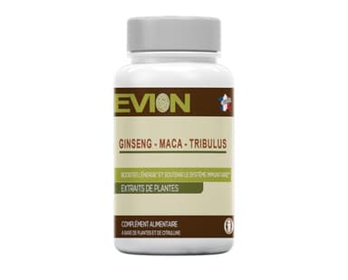 EVION - Maca - Ginseng & Tribulus - Complément alimentaire, BOOSTER L'ÉNERGIE ET SOUTENIR LE SYSTÈME IMMUNITAIRE - 60 Gélules de 395mg