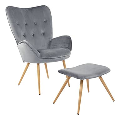 ALBATROS Fauteuil à oreilles, avec tabouret, gris - Vintage et élégant - Housse en velours - Élégant et certifié SGS - Fauteuil de lecture ou fauteuil de relaxation avec tabouret au look moderne