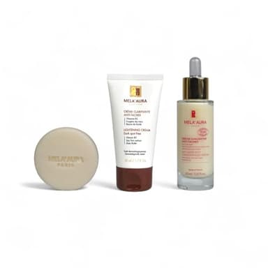 MELA' AURA, Routine Anti-Taches Visage, lot de 3 Produits : Savon au Lait de Chèvre - Sérum Concentré Anti-Tâches et Crème Clarifiante, Vitamine C, Formule Vegan, Sans Silicones, Made in France