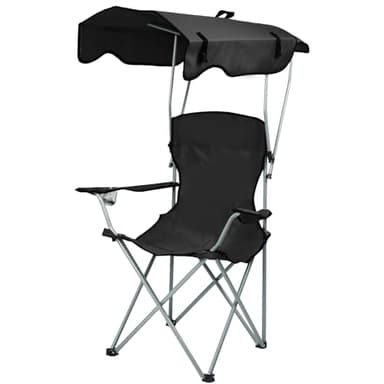 Chaise Pliante pour Voyages, Pêche, Festival - Noir avec Parasol et Porte-gobelet