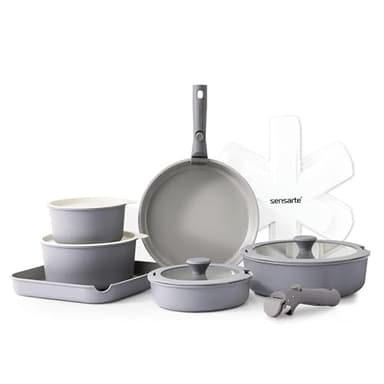 SENSARTE Set de Casseroles et Poêles 17 Pièces - Revêtement Céramique Antiadhésif Sans PFAS - Batterie de Cuisine pour Induction/Gaz, Poignées Amovibles, Empilable et Lavable Lave-Vaisselle