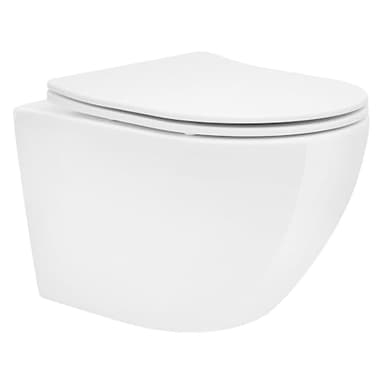 LuxeBath WC Suspendu sans Bride, Court, 49 cm, Blanc Brillant, Cuvette en Céramique avec Surface Antibactérienne, Abattant Amovible en Plastique Thermodurcissable, Fermeture en Douceur Automatique