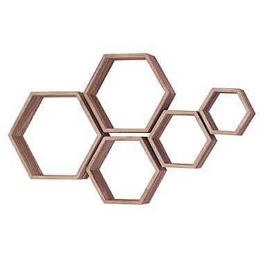 PHOENANCEE Lot De 5 éTagèRes Hexagonales Flottantes en Bois à Fixation Murale Hexagonale, éTagèRe DéCorative à Suspendre en Bois pour Chambre, DéCoration D'IntéRieur(Noir Carbonisé)