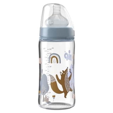 NIP Biberon à col large avec tétine anti-colique : biberon pour bébé avec système ACTIFLEX, fabriqué en Allemagne, sans BPA, verre, taille unique, trou d'aspiration M, débit moyen, 240 ml, garçon
