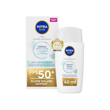 NIVEA SUN Derma Skin Clear Protection Solaire Visage FPS 50+ (1x40ml) — Fluide visage matifiant à la texture ultra-légère — Soin solaire pour les peaux mixtes à grasses