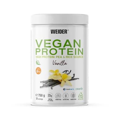 Weider Vegan Protein (750g) Goût Vanille. Protéines 100% Vegetal 23g/dose, Pois (Isolat Pisane) & Riz. Avec Vitamine B12 & Stevia. Sans Gluten, Sans Sucre. Emballage 50% Recyclé, 100% Recyclable