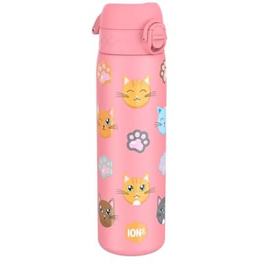 Ion8 Gourde Inox Léger, 600ml, Non Isolé, Anti-Fuite, Facile à Ouvrir, Verrouillage Sécurisé, Lavable au Lave-Vaisselle, Poignée de Transport, Durable, Acier Inoxydable, Chats