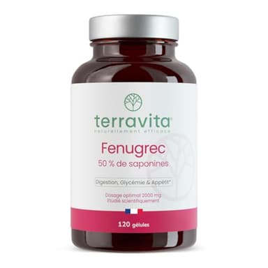 FENUGREC | Hautement Concentré : Extrait 20:1 | Titré à 50% en Saponine | 120 Gélules | 2000 mg par Dose | Régulation de la Glycémie, Digestion et Appétit | Made in France | Terravita