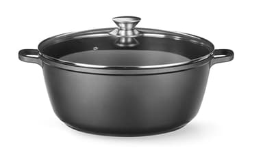 HENDI Cocotte en fonte d'aluminium avec revêtement antiadhésif, 7L, Casserole avec couvercle, Marmite pour toutes les sources de chaleur incl. induction, Four jusqu'à 250°C, 367x290x(H)122mm, noir