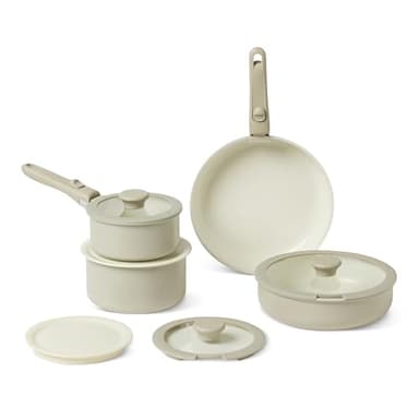 Amazon Basics Ustensiles de Cuisine Empilables Antiadhésifs en Céramique avec Poignées Amovibles, Lot de 11 Pièces, Compatibles Tous Feux, Couleur Gris Lin
