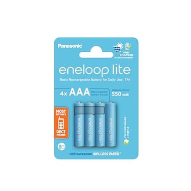 eneloop Lite, Piles Rechargeables AAA/Micro, Lot de 4, capacité de Min. 550 mAh, Piles Ni-MH, prêt à l'emploi, Rechargeables jusqu'à 3000 Fois, Emballage sans Plastique, Lite, Bleues