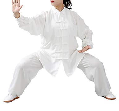 FUYUFU Coton et Lin Tenue de Tai Chi Unisexe Vêtements D’Arts Martiaux Kung-fu Costume pour Homme et Femme (Un Ensemble) (Blanc/Manches Longues, XXL)