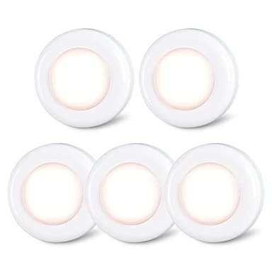 STAR-SPANGLED Lot de 5 petits spots LED tactiles, à coller, fonctionnement à piles, pour intérieur, placard, armoire, meuble de cuisine, blanc chaud