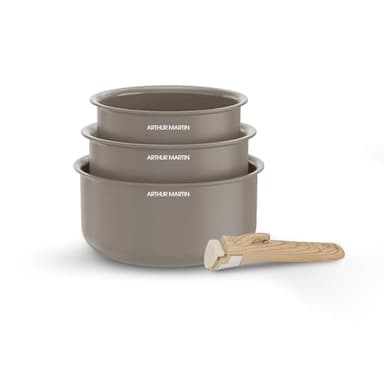 Arthur Martin - Set de 3 Casseroles en Aluminium 2,5 mm, Revêtement Céramique et Poignée Effet Bois, Compatibles Tous Feux Dont Induction, 16-18-20 cm, Marron