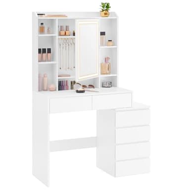 VASAGLE Kailyn Collection - Coiffeuse, Grand Miroir LED à Luminosité Réglable, Table de Maquillage, 40 x 98,3 x 145 cm, Compartiments Ouverts, Étagères Réglables, Moderne, Blanc Nuage RDT124WB01