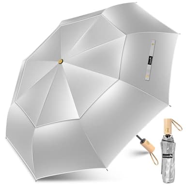 ZOMAKE Grand Parapluie Pliant Anti UV,Parapluies Compact Solide Resistant au Vent Avec Double Canopée Ventilée,Ombrelle Soleil Automatique Avec Poignée En Bois(Argent Noir)