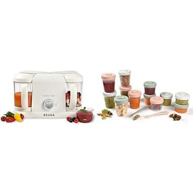 BÉABA, Babycook Duo Robot Bébé 4 en 1 Mixeur-Cuiseur, Cuisson Vapeur rapide 15min & Lot de 12 Portions Conservation et 2 Cuillères Silicone, Clip, Pots empilables et emboîtables, 100% hermétique