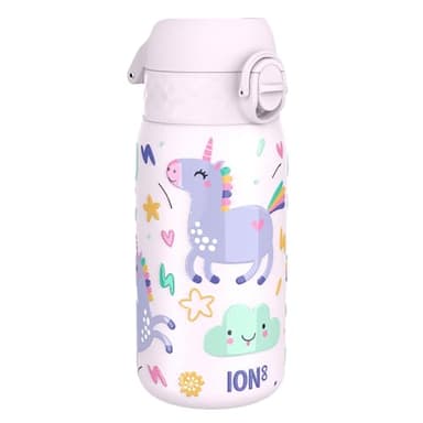 Ion8 Gourde Enfant, Inox Léger, 400ml, Non Isolé, Anti-Fuite, Facile à Ouvrir, Verrouillage Sécurisé, Lavable au Lave-Vaisselle, Poignée de Transport, Acier Inoxydable, Licorne