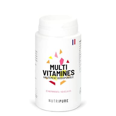 Nutripure | Multivitamines et Minéraux 21 Nutriments | Complément Alimentaire | Magnesium, Vitamine B12, Vitamine D, Zinc | Antioxydant, Cognitif, Vision | 60 gélules | 1 mois | Fabriqué en France
