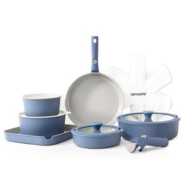 SENSARTE Set de Casseroles et Poêles 17 Pièces - Revêtement Céramique Antiadhésif Sans PFAS - Batterie de Cuisine pour Induction/Gaz, Poignées Amovibles, Empilable et Lavable Lave-Vaisselle