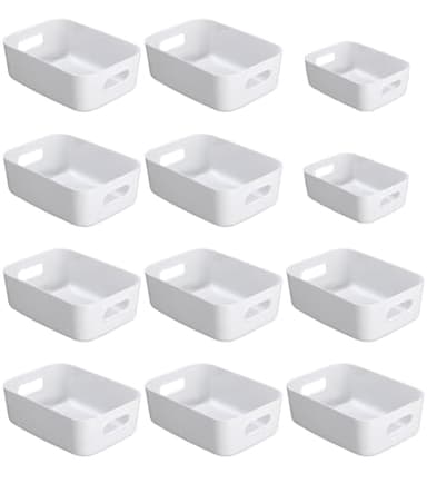 Nuangoo Panier de rangement en plastique,Lot de 12 paniers de rangement empilables avec poignées pour Cuisine,Placard,Bureau (Blanc)