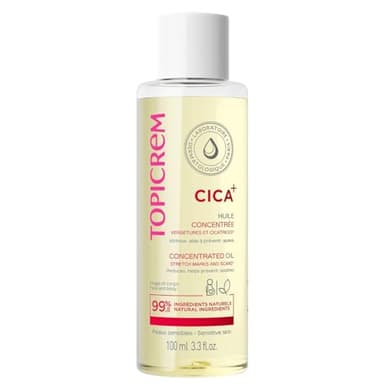 Topicrem - CICA+, Huile Concentrée Vergetures et Cicatrices - Atténue, Aide à Prévenir, Apaise, Hydrate 24h - Soin Visage et Corps pour Peaux Sensibles - Fini Non Gras, Non Collant - 100 ml