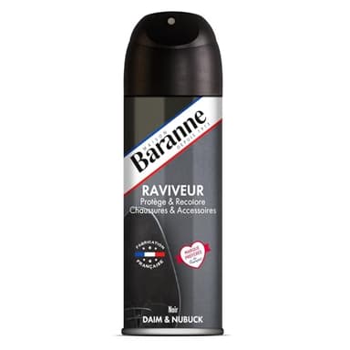 Baranne Aérosol Raviveur Daim Noir | Protège, Ravive et Imperméabilise | Couleur Noir | Chaussures et Accessoires Cuir | Nubuck | 200 mL