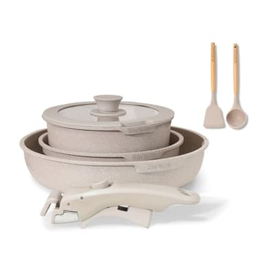 BOREINE Batterie de Cuisine 7 Pce, Lot Casserole et Poele avec Poignee Amovible et Couvercle, Revêtement Antiadhésif en Granit sans PFOA, Compatible Tous Feux (Induction, Vitrocéramique, Gaz) - Marron