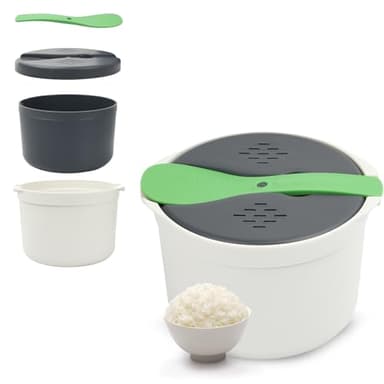 Cuiseur à Riz et Nouilles Micro-Ondes, Cuiseur à Riz et Céréales Micro-Ondes, Cuiseur Vapeur à Riz Micro ondes, Ensemble de Cuiseur À Riz À Vapeur Alimentaire Cuillère Couvercle Passoire, Vert