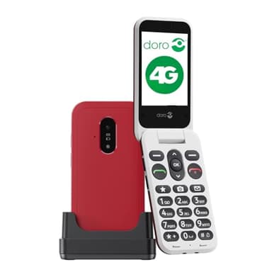 doro Leva E22 Téléphone à rabat 4G pour personnes âgées Grand écran de 2,8", touches à contraste élevé, son fort et clair, voix HD, appareil photo, bouton sécurisé - Support de charge - Rouge/blanc