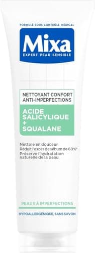 Mixa - Nettoyant Confort Anti-imperfections à l’Acide Salicylique et au Squalane - Peaux à Imperfections Mixtes à Grasses - Soin du Visage Hydratant Protecteur - Démaquillant Peau Grasse - 150 ml