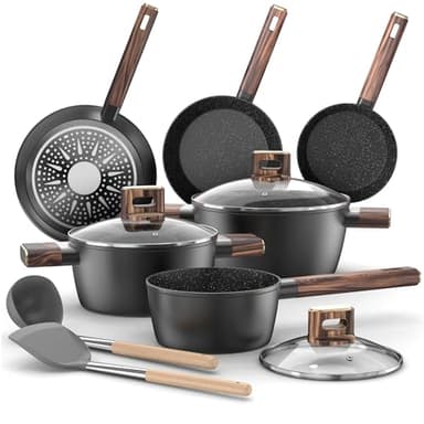 Batterie de Cuisine - Casserole et Poêle Induction de 11 Pièces Antiadhésives Tous Feux, Poêles 20/28 cm, Poêle Profonde 24 cm, Casseroles avec Couvercles 16/20/24 cm, sans PFOA, PFOS Topbooc