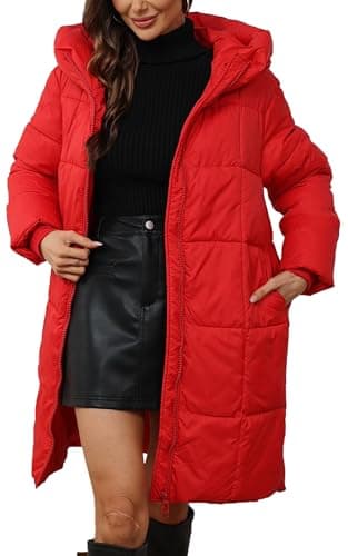 Maeau - Doudoune Mi-long Hiver Femme à Capuche Manteau Rembourrée Longue Veste en Duvet Chaud Fermeture Éclair Manteau Parka Épais Décontractée - Rouge - L