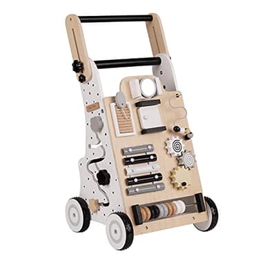 KiddyMoon Trotteur Avec Un Tableau D'activité, Bois Chariot De Marche Pour Bébé Multifonctionnel WK-001, Noir-Blanc