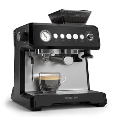 Klarstein GrandPresso Machine à Café Grain – 20 Bars, 1350W, Moulin Intégré, Buse Vapeur, Réservoir 2.3L, Noir, Cafetière à Grain avec Broyeur, Design Compact, Facile à Nettoyer