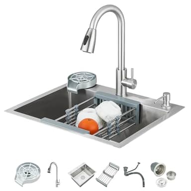 Zamery Evier de Cuisine Brossé 1 Bac 60x45 CM, avec Robinet Extensible, Distributeur de Savon et Lave-gobelet, Kit de Plomberie Complet