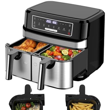 Air Fryer Double Compartiment 9L | Friteuse Sans Huile a 2x4,5L Tiroir, 2600W Friteuse à Air Chaud 8 en 1 Écran Tactile Smart Finish Fonction, Airfryer Deux Zones Contrôle Individuel Température Temps