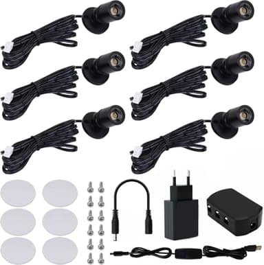 Gouzloy Lot de 6 Mini spot led Rotatif 360° Spots LED Mini surface montée USB 3000K Blanc Chaud Lampe de cabinet Pour armoire couloir galeries magasins armoire bijoux (6 Pièces-Blanc Chaud-noir)