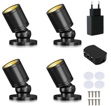 Gouzloy Lot de 6 Mini spot led Rotatif 360° Spots LED Mini surface montée USB 3000K Blanc Chaud Lampe de cabinet Pour armoire couloir galeries magasins armoire bijoux (4 Pièces-Blanc Chaud-noir)