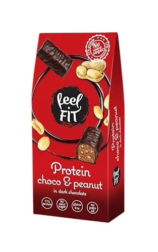 Feel FIT Protein Choco & Peanut, pralines protéinées au chocolat noir belge sans sucre, friandises protéinées sans sucre, 17% de protéines, snacks sans gluten (4 x 83 g)