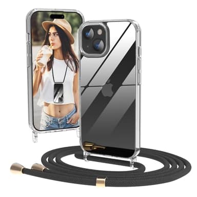 Nupcknn Transparente Coque avec Cordon pour iPhone 15, Anti-Jaunissement Transparente Coque Antichoc Housse Collier Réglable Téléphone Étui Portable Lanyard Case Protection Complète Cover(6.1",Noir)