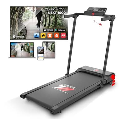 YM Tapis de Course Electrique Pliable, 10 km/h, Surface de Course Extra Large (42 cm), Application KINOMAP & ZWIFT, Mod. Next 1000 Noir, Cadre Renforcé, Economiseur d'Espace, 12 Programmes, Ecran LCD