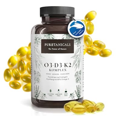 PURETANICALS Oméga 3 + Vitamine D3 + K2 MK7 All-Trans - Premium Essentiels O3-D3-K2 Complexe à Haut Dosage - Huile de Poisson aux Acides Gras EPA & DHA, Vit D3 K2 | Omega3 Gouttes | 240 Gélules