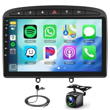 Autoradio sans Fil CarPlay pour Peugeot 308/408 (2007-2015), 2+64 Go Android Auto, écran Tactile de 9 Pouces, Bluetooth, EQ, FM/RDS, WiFi, GPS