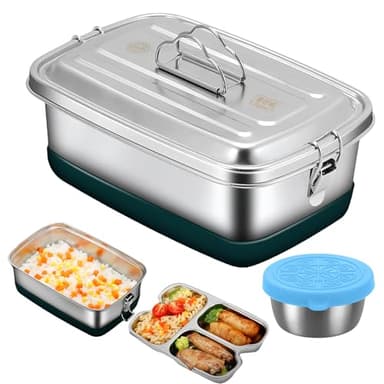 PORFOYO Lunch Box Inox, 2000ml Bento Lunch Box, Boite Inox Alimentaire Hermétique, Micro Ondable, Boite Repas Compartiment Facile à Nettoyer pour Bureau, École, Enfant et Adulte, 3 Grilles