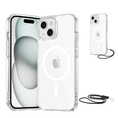 NEW'C Magnétique Coque pour iPhone 15 (6,1 Pouces), Compatible avec MagSafe Antichoc Ultime avec Cordon – Magnétisme Puissant et Protection Militaire - Etui Fine - Transparent