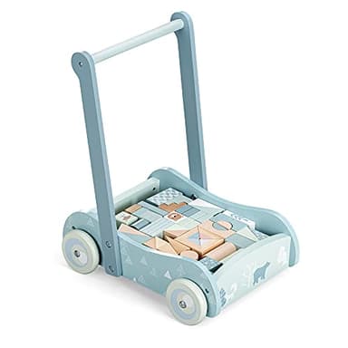 Navaris Trotteur en bois - Chariot apprentissage marche équilibre 42 x 38,5 x 29,8 cm avec 46 cubes de jeux - Pour enfants bébés plus de 18 mois