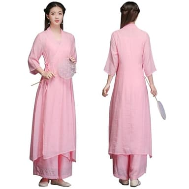 DAYKET Ensemble de 3 Pièces pour Femme, Tenue de Tai-chi Traditionnelle Chinoise à Manches Trois-Quarts pour Exercices Matinaux de Kung-fu, Wing Chun,Pink-M