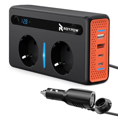 RoyPow Convertisseur 12V 220V 230V 240V 200W Prise Allume Cigare Transformateur de Tension, 2 Prises EU et 4 Ports USB, CC vers CA pour Voiture
